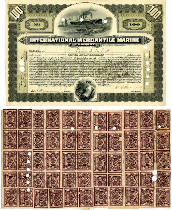 International Mercantile Marine issued to not signed by Pierre S. DuPont - Co. that Made the Titanic - Stock Certificate