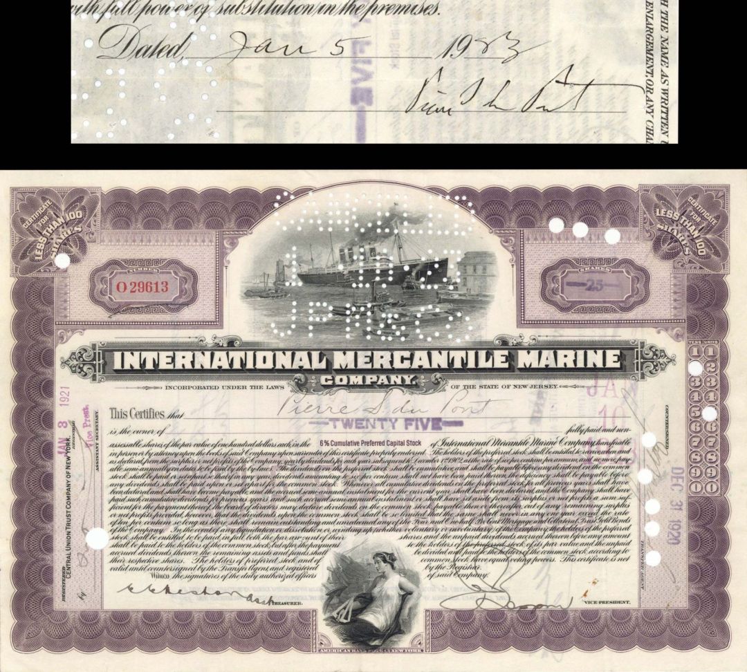 International Mercantile Marine Co. (that Made the Titanic ) issued to and signed by Pierre S. du Pont - 1920-1923 dated Autographed Stock Certificate