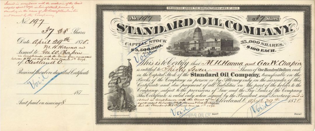 Standard Oil Co. signed by M.H. Hanna on separate card - 1878 dated Autographed Stock Certificate