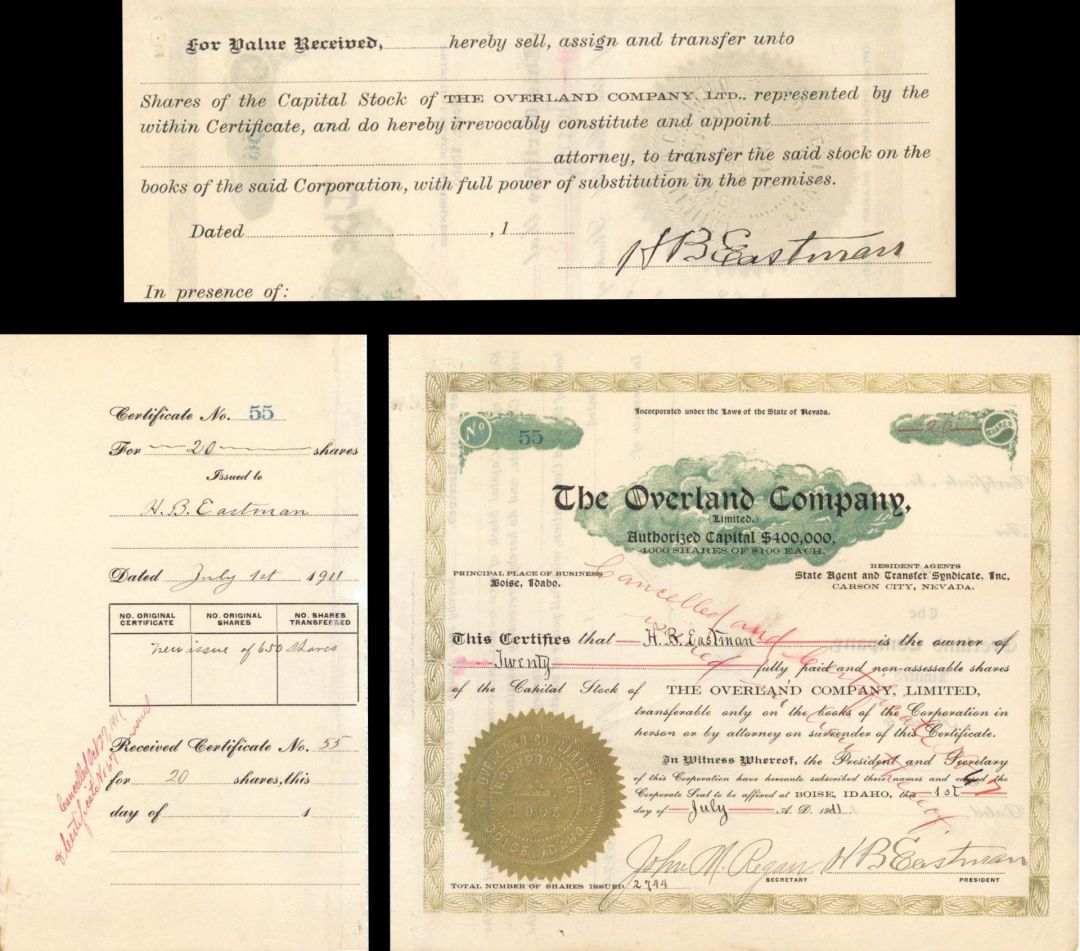 Overland Co. Issued to and Signed by H.B. Eastman - 1911 dated Autographed Stock Certificate