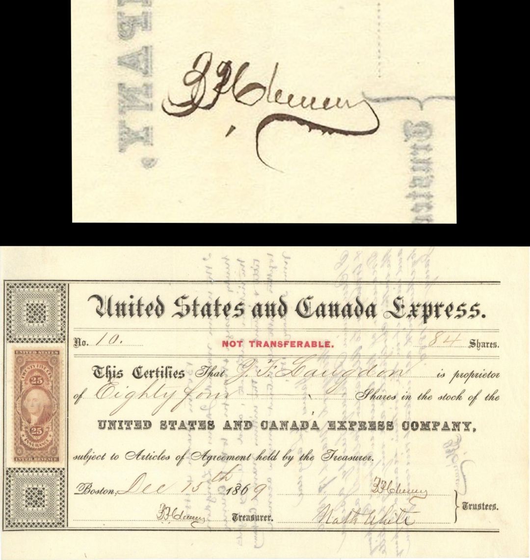 United States and Canada Express signed by B.P. Cheney - 1869 or 1873 dated Autographed Stock Certificate