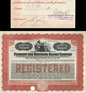 Piedmont and Northern Railway Co. signed by James B. Duke - 1919 dated Autographed $50,000 Gold Bond