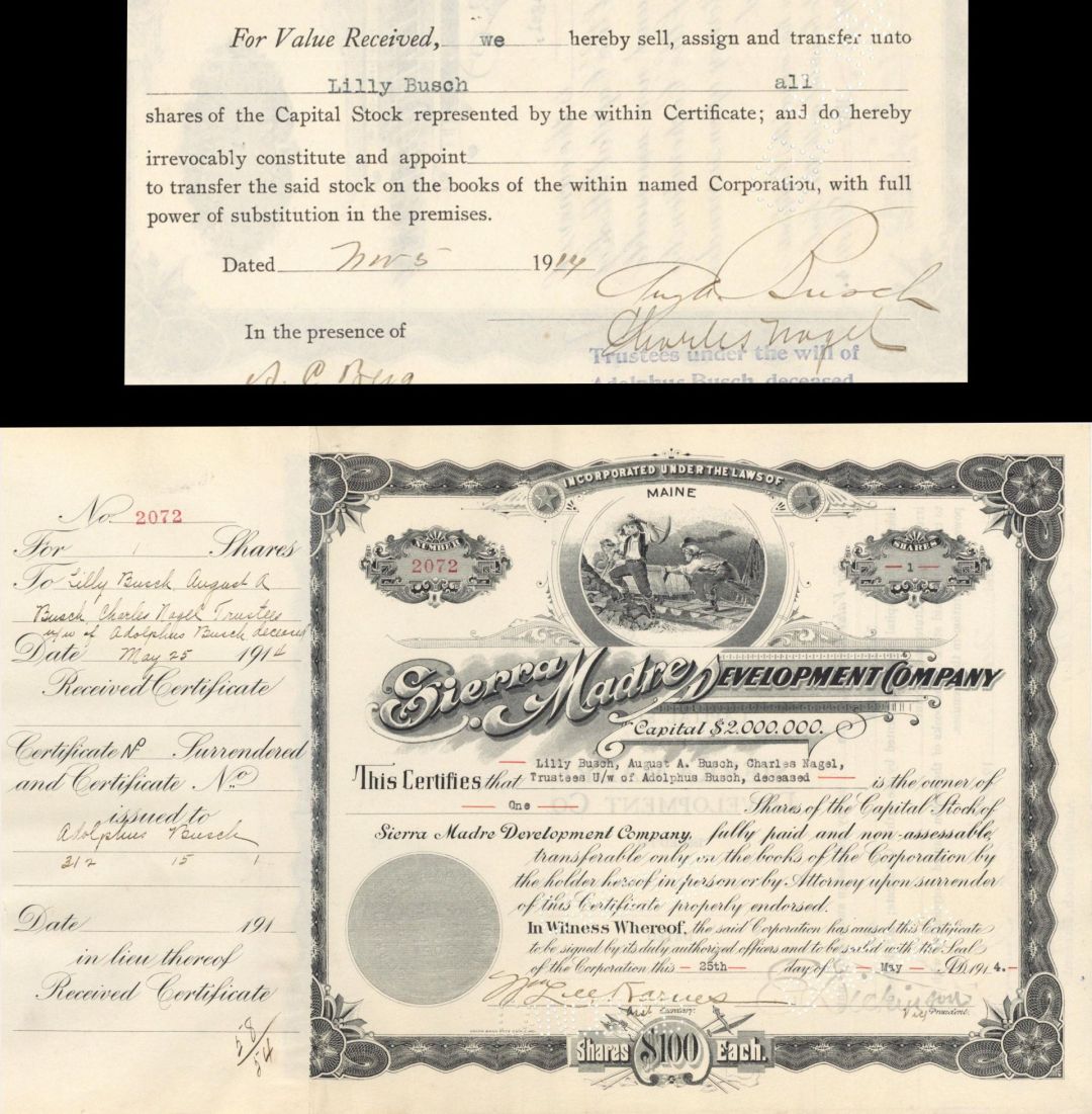 Sierra Madre Development Co. signed by August A. Busch Jr. - 1914 dated Autograph Stock Certificate