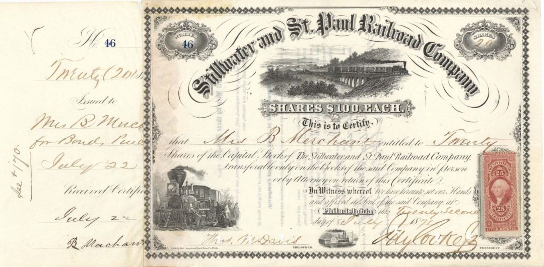 Stillwater and St. Paul Railroad Co. signed by Jay Cooke, Jr. - 1871 dated Autographed Stock Certificate