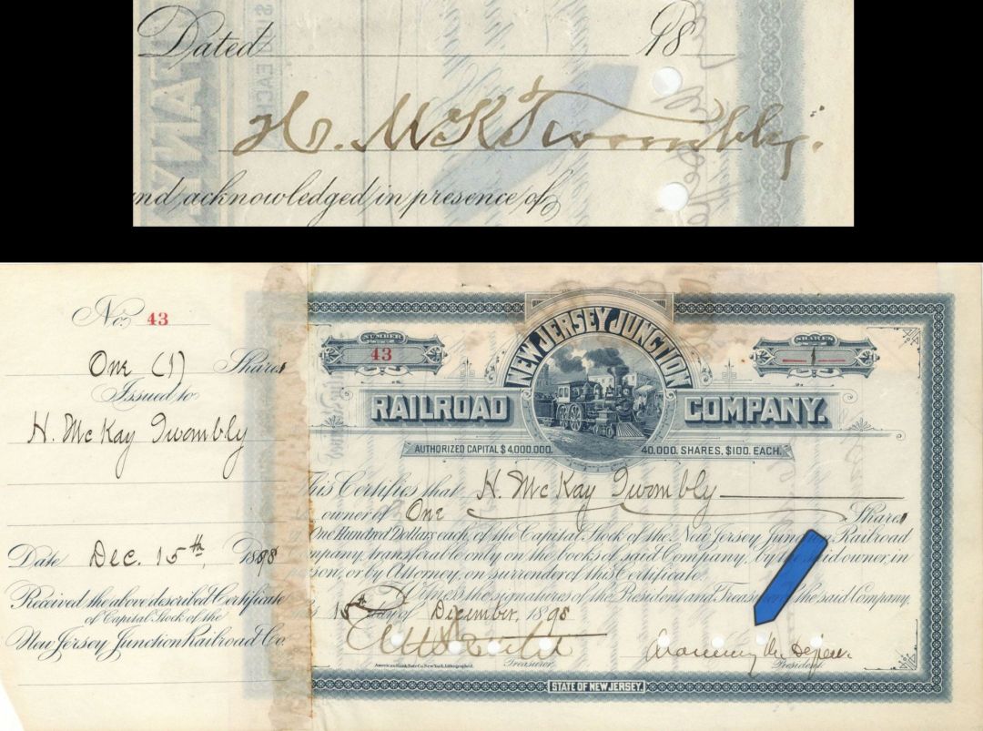 New Jersey Junction Railroad Co. Issued to H. McKay Twombly and Signed by Chauncey M. Depew and E.V.W. Rossiter - 1898 dated Autographed Stock Certificate