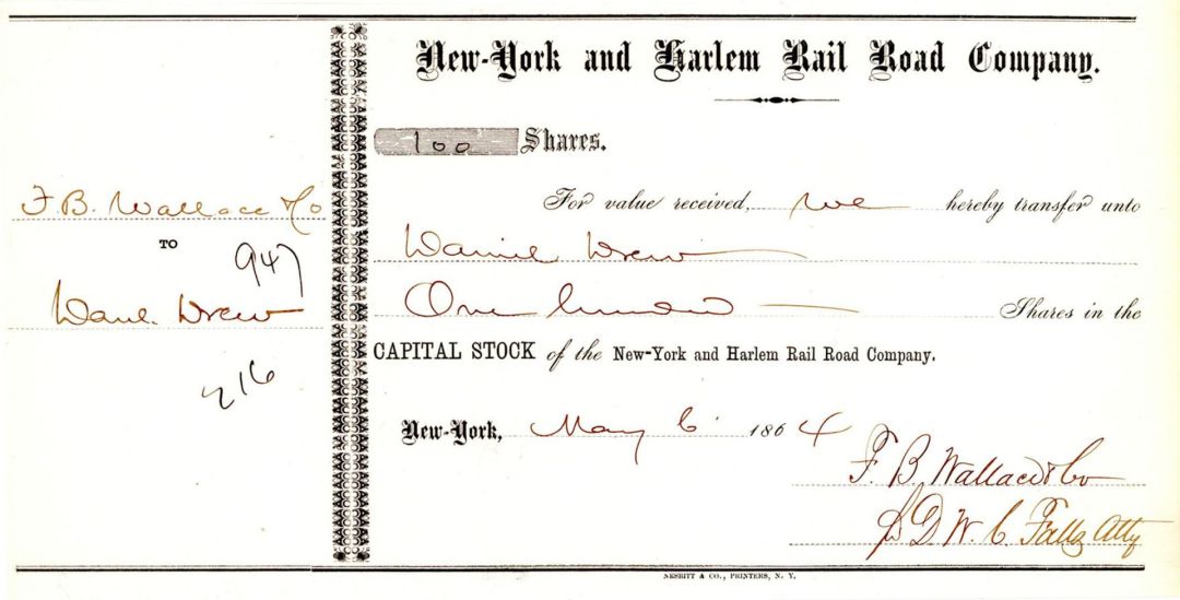 New York and Harlem Rail Road Co. Issued to Daniel Drew - 1864 dated Railway Stock Certificate