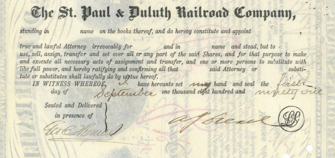 Anthony J. Drexel signed Saint Paul and Duluth Railroad Co. - Autograph Stock Certificate