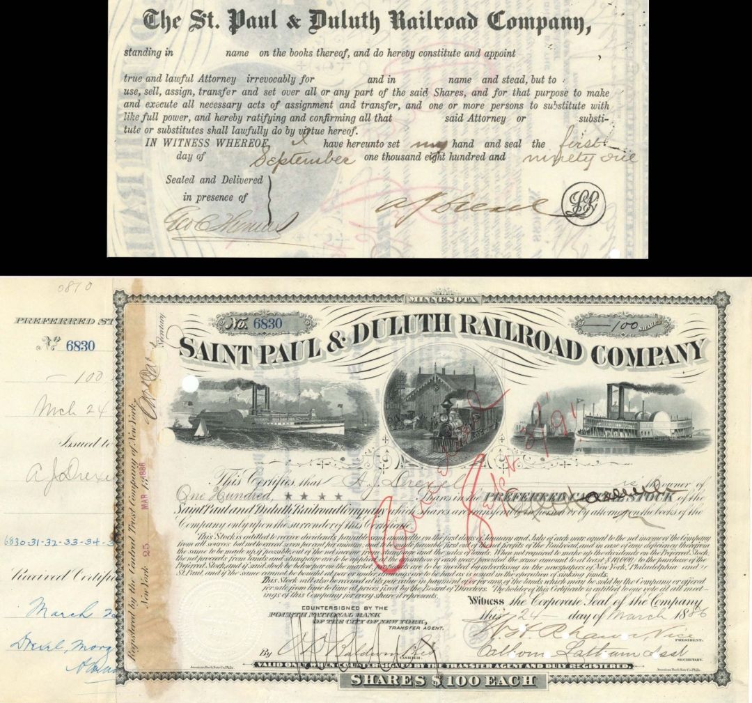 Saint Paul and Duluth Railroad Co. Signed by A. J. Drexel - 1885-1888 dated Autograph Stock Certificate