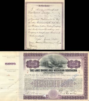 Lake Shore and Michigan Southern Railway Co. Issued to and signed by Jennie Drummond Fargo - 1908-1911 dated Autographed $1,000 Bond