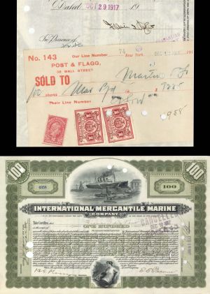 International Mercantile Marine Co. (that Made the Titanic) signed by Francis I. DuPont - 1917 dated Autograph Stock Certificate