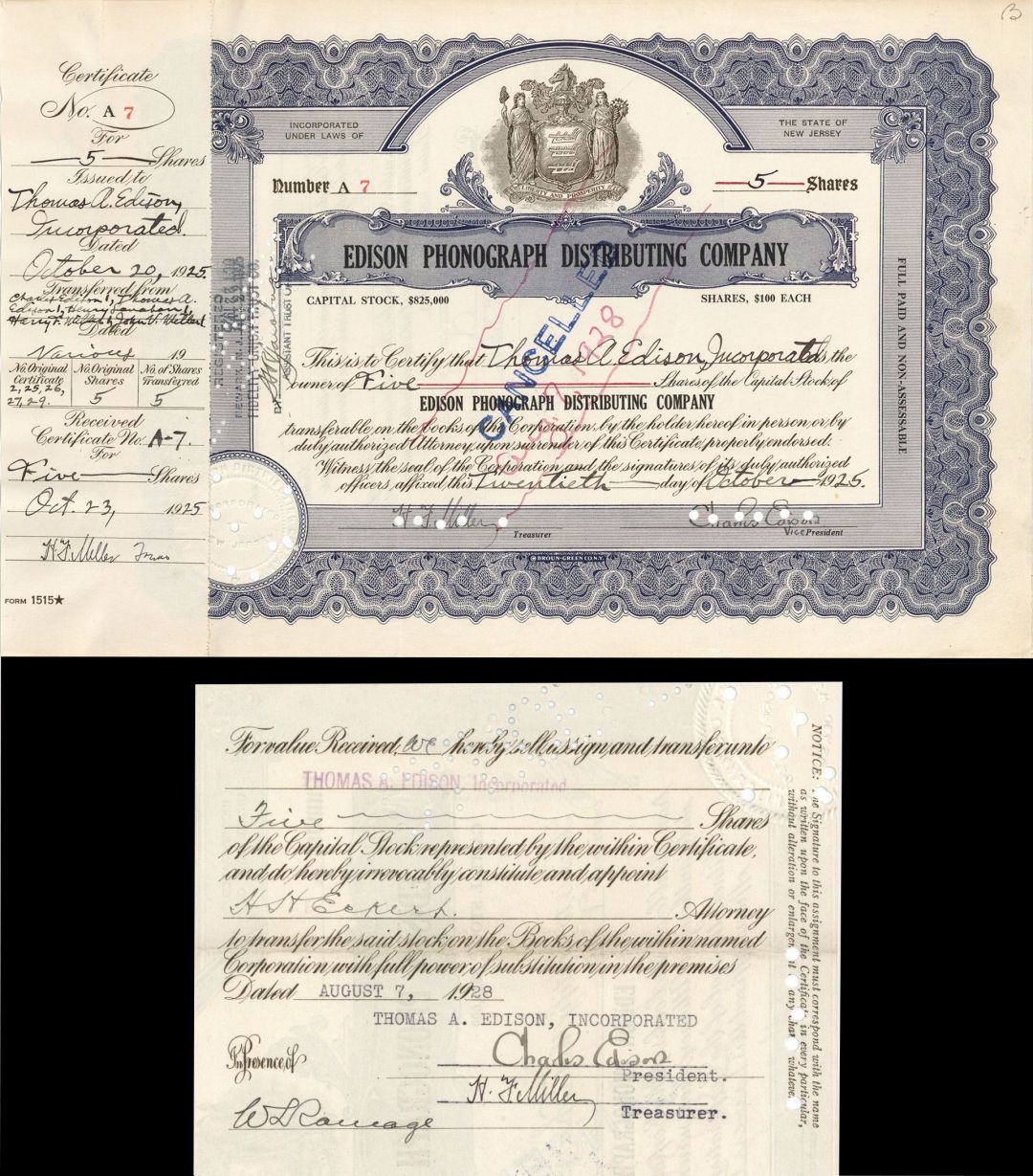 Edison Phonograph Distributing Co. signed by Charles Edison twice and Henry Miller - Stock Certificate