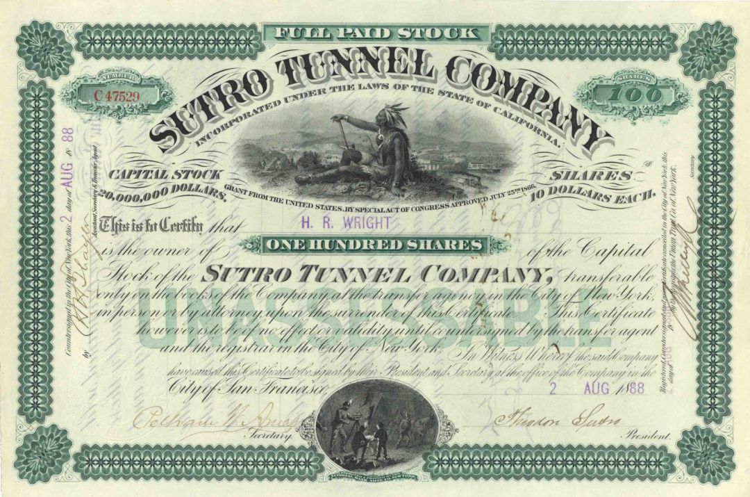 Sutro Tunnel Co. signed by Theodore Sutro - Autograph Stock Certificate