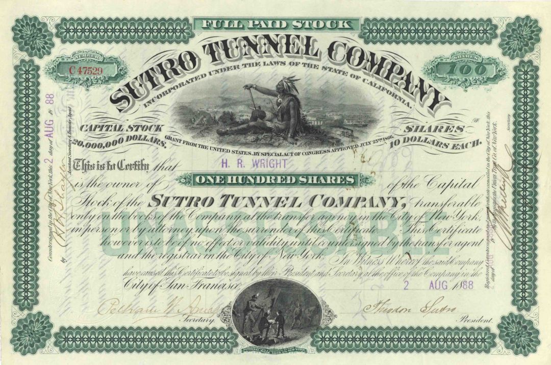 Sutro Tunnel Co. signed by Theodore Sutro - 1888 dated Autograph Stock Certificate