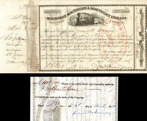 Michigan Southern and Northern Indiana Railroad Co. signed by Leonard W. Jerome - 1856 dated Railway Stock Certificate