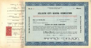 Atlantic City Racing Association signed by John B. Kelly, Sr.  - 1944-1951 dated Autograph Stock Certificate