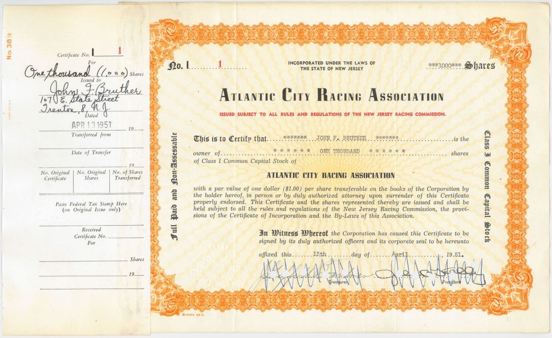 Atlantic City Racing Association signed by John B. Kelly, Sr. - 1944-1952 dated Autograph Stock Certificate