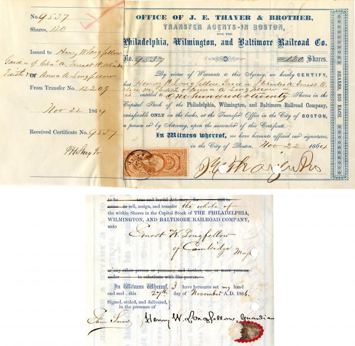 Philadelphia, Wilmington, and Baltimore Railroad Co. signed by Henry W. Longfellow 