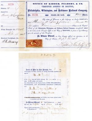 Philadelphia, Wilmington, and Baltimore Railroad Co. signed by Henry W. Longfellow 