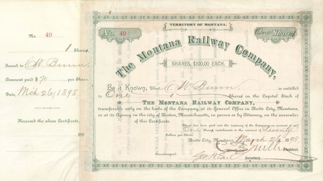 Montana Railway Co. signed by C.S. Mellen and Geo. H. Earl - 1898 dated Autographed Stock Certificate