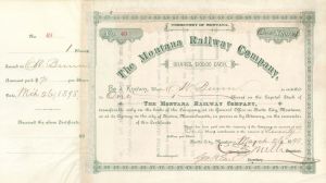 Montana Railway Co. signed by C.S. Mellen and Geo. H. Earl - 1898 dated Autographed Stock Certificate