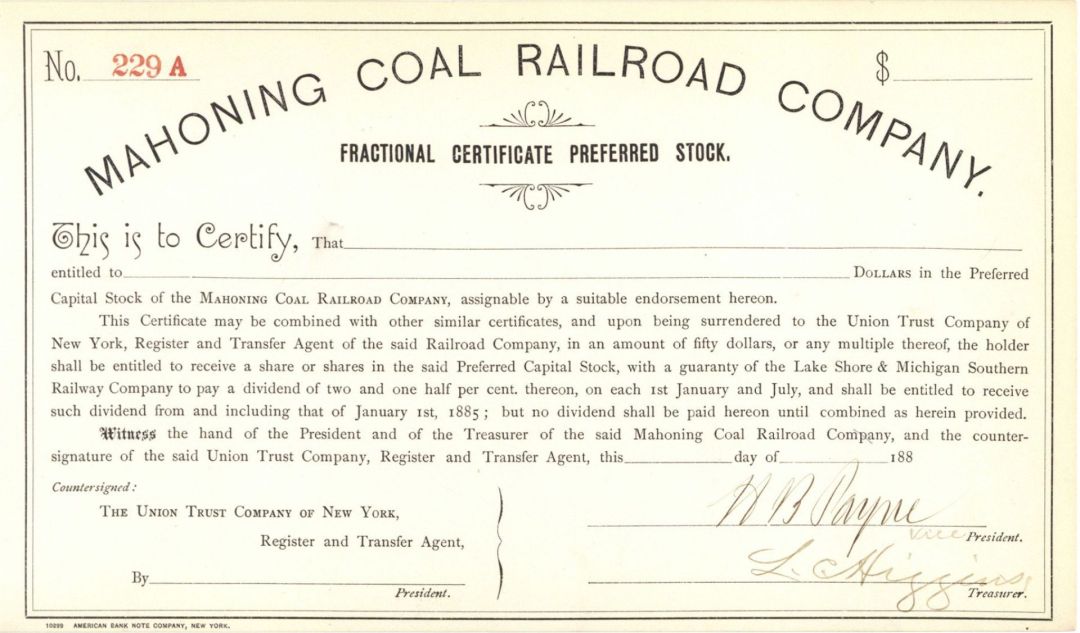 Mahoning Coal Railroad Co. signed by H.B. Payne - Unissued Autographed Stock Certificate