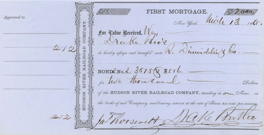 Hudson River Railroad Co. signed by James Roosevelt - 1865 dated Autographed Bond