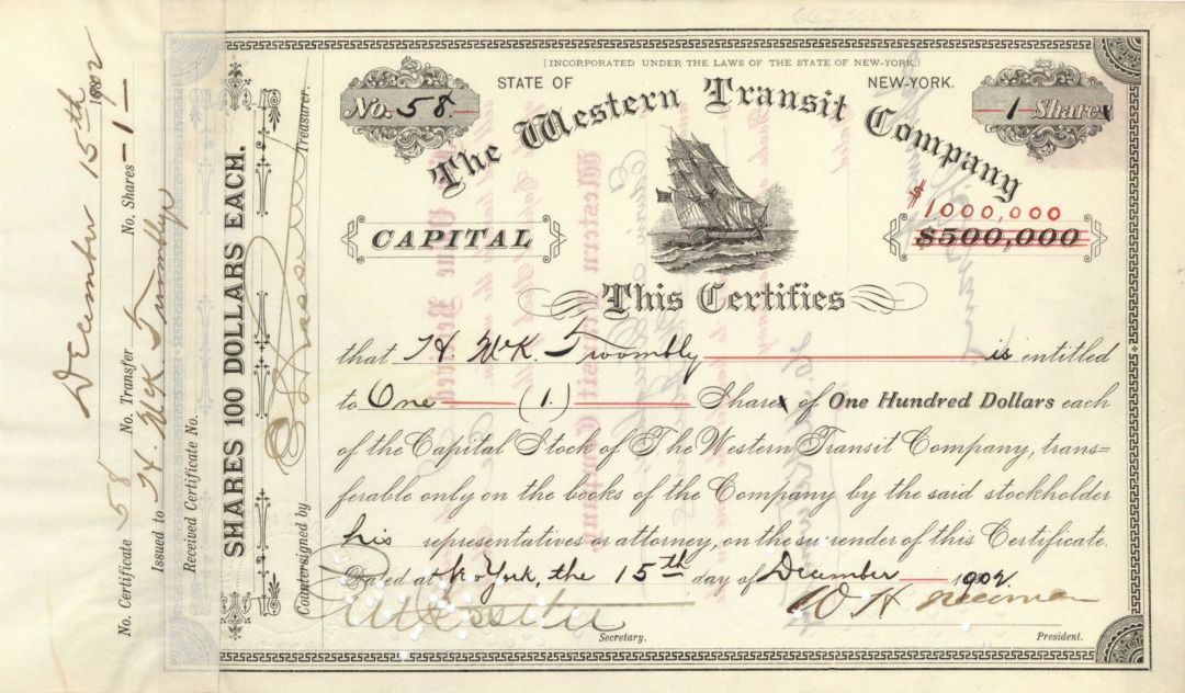 Western Transit Co. signed by E.V.W. Rossiter - Autographed Stock Certificate