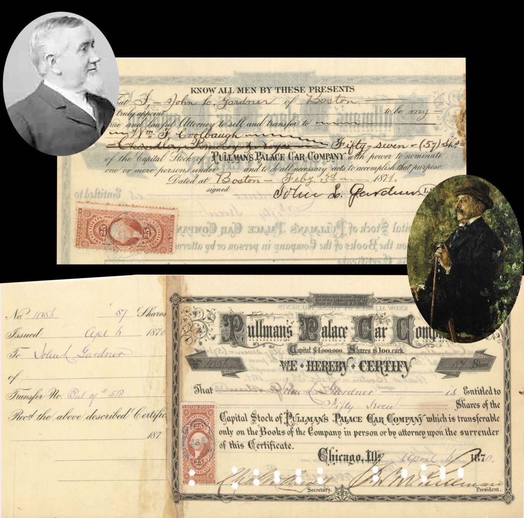 Pullman's Palace Car Co. signed by Geo. M. Pullman and John L. Gardner - 1870 dated Autographed Stock Certificate