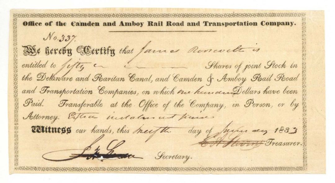 Camden and Amboy Rail Road and Transportation Co. issued to James Roosevelt and signed by E. A. Stevens - 1833 dated Autographed Stock Certificate (Uncanceled)