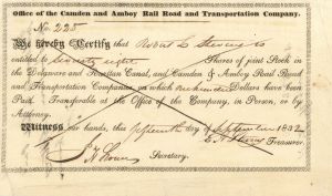 Camden and Amboy Rail Road and Transportation Co. signed by E.A. Stevens - Stock Certificate (Uncanceled)