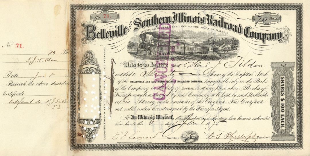 Belleville and Southern Illinois Railroad Co. issued to Samuel J. Tilden - 1875 dated Stock Certificate