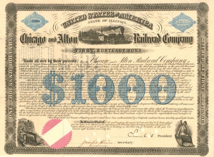 Chicago and Alton Railroad Co. signed by Samuel J. Tilden - $1,000 - Bond