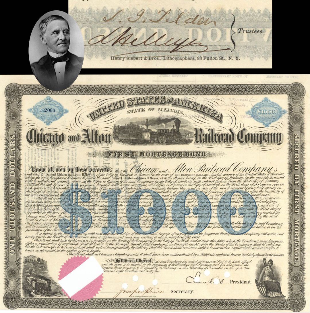 Chicago and Alton Railroad Co. signed by Samuel J. Tilden - 1862 dated $1,000 Bond