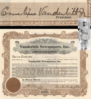 Vanderbilt Newspapers, Inc. signed by Cornelius Vanderbilt III - 1924 or 1925 dated Autographed Stock Certificate