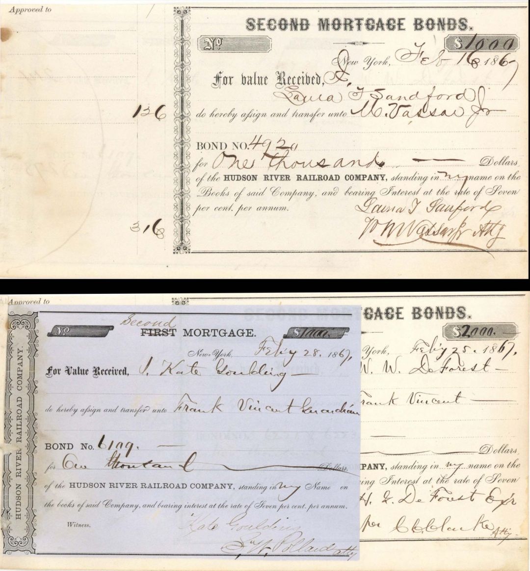 Hudson River Railroad Co. signed by Matthew Vassar, Jr. - 1867 dated Autographed Stock Certificate