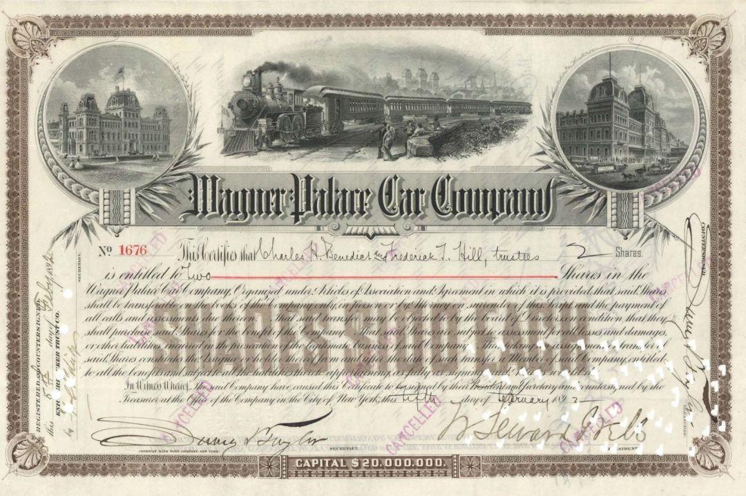 Wagner Palace Car Co. signed by William Seward Webb - 1892 Autograph Stock Certificate