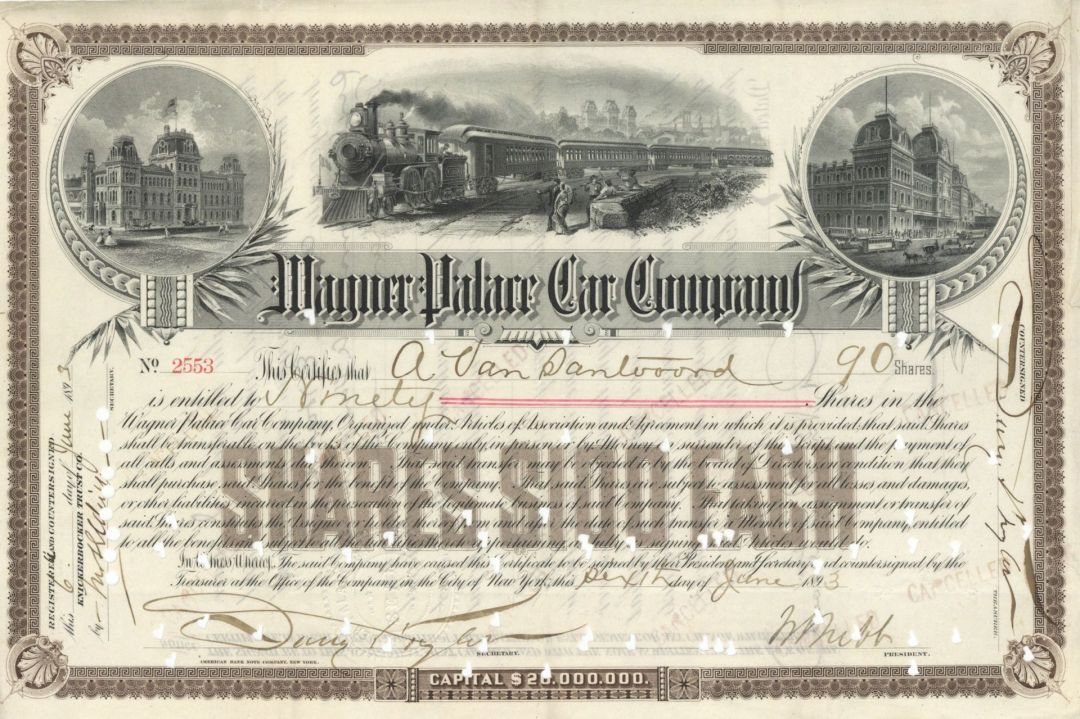 Wagner Palace Car Co. signed by William Seward Webb - 1889-1894 Autograph Stock Certificate