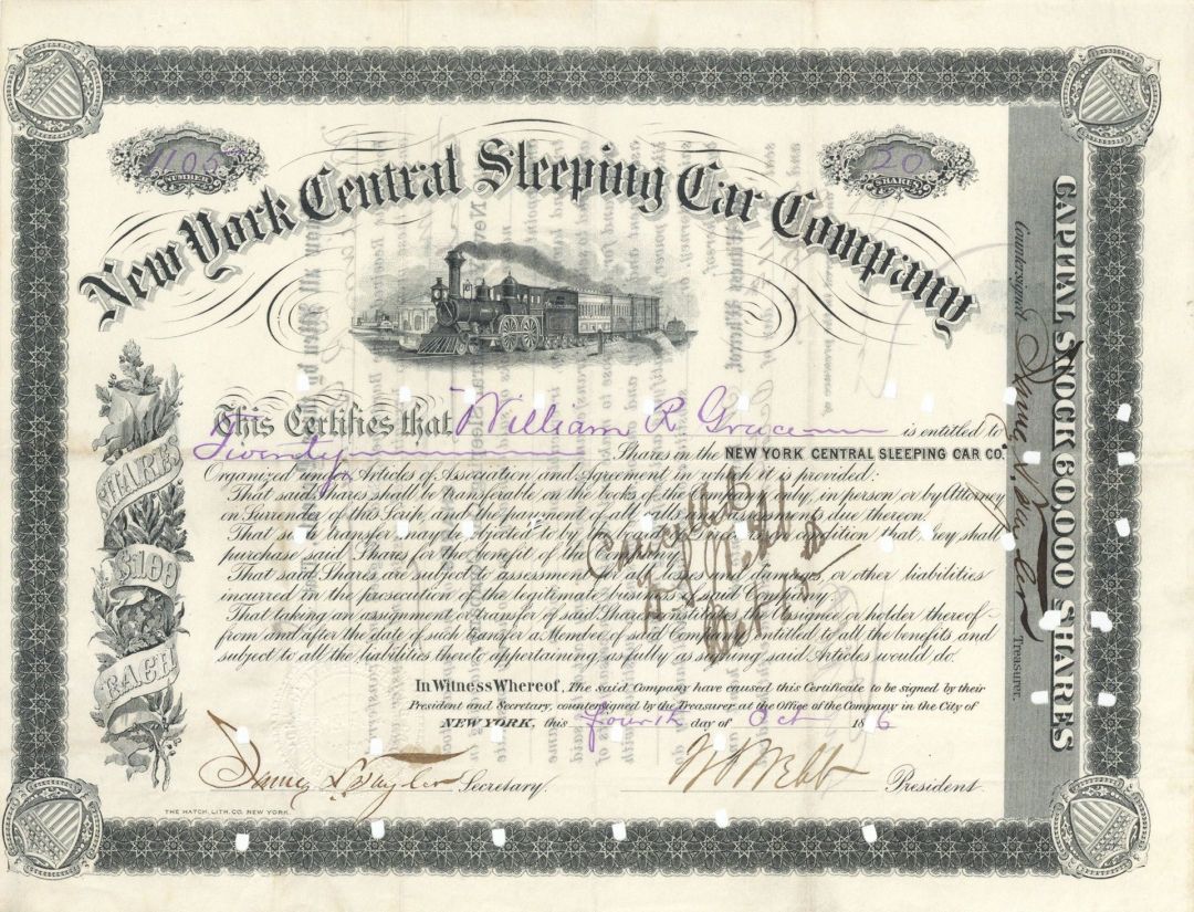 New York Central Sleeping Car Co. signed by Wm. S. Webb - Autograph Railroad Stock Certificate