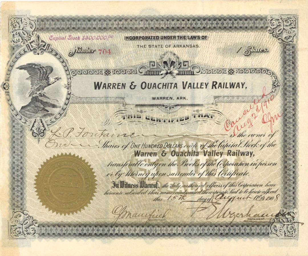 Warren and Ouachita Valley Railway signed by F.E. Weyerhauser - 1908 dated Autographed Stock Certificate