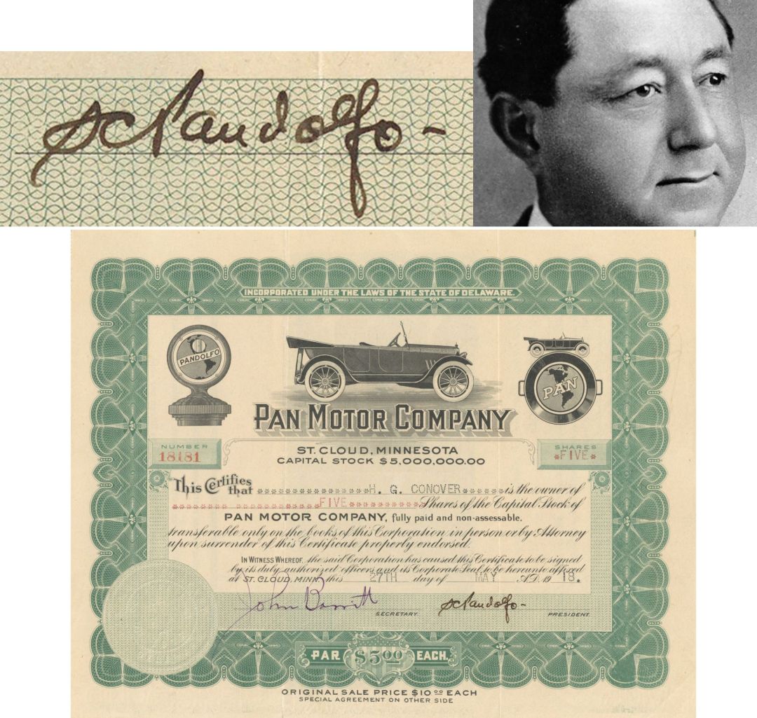Pan Motor Co. signed by Samuel Pandolfo - 1917-1920 dated Autographed Stock Certificate