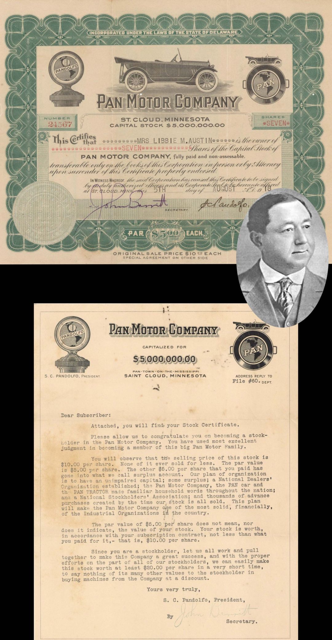 Pan Motor Co. signed by Samuel Pandolfo with Letter - 1918 dated Autographed Stock Certificate