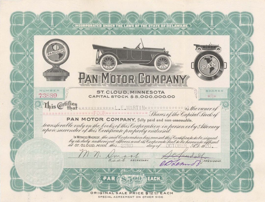 Pan Motor Co. signed by Samuel Pandolfo with signature crossed out - 1920 dated Autographed Stock Certificate