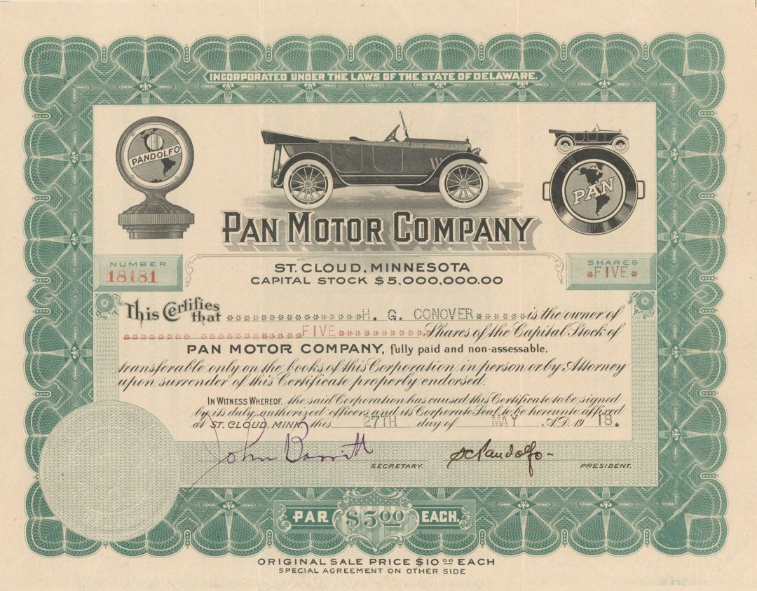 Pan Motor Co. signed by Samuel Pandolfo - 1917-1920 dated Autographed Stock Certificate