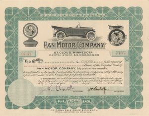 Pan Motor Co. signed by Samuel Pandolfo - Stock Certificate