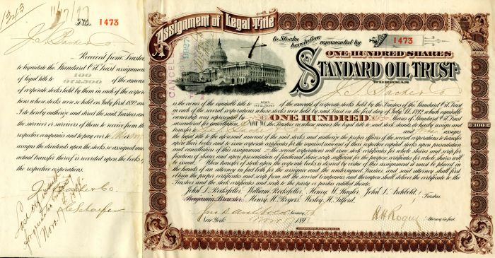 Standard Oil Trust issued to J.S. Bache and Co. and signed by John D. Archbold and H.H. Rogers - Stock Certificate