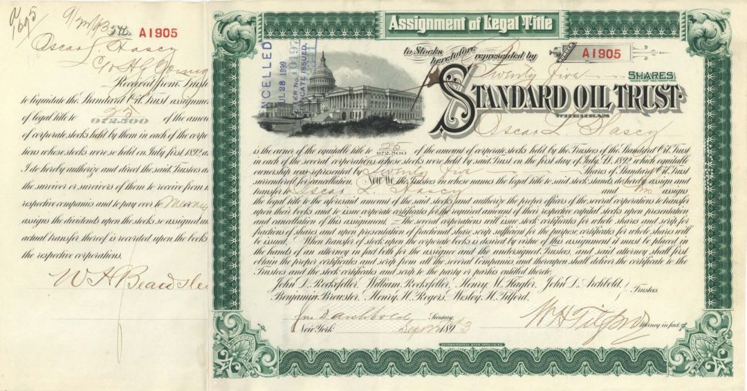 Standard Oil Trust signed by Archbold and Tilford - 1893 dated Autograph Stock Certificate