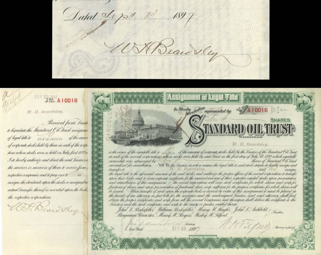 Standard Oil Trust Issued to and signed by William H. Beardsley, Archbold, and Tilford - 1897 or 1896 dated Autographed Stock Certificate