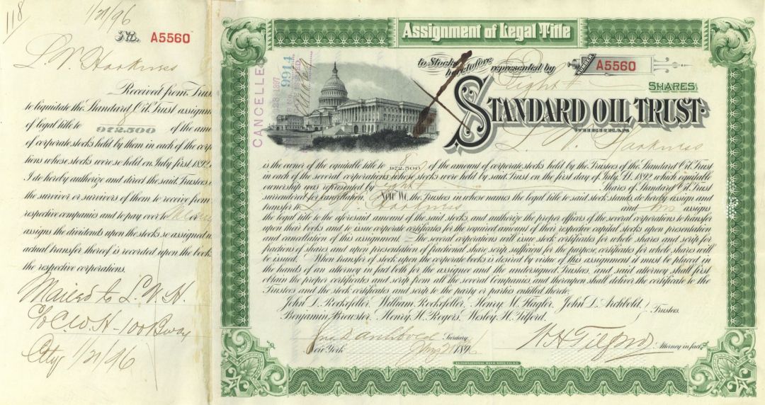 Standard Oil Trust signed by Lamon V. Harkness, Archbold, and Tilford - 1896 dated Autograph Stock Certificate