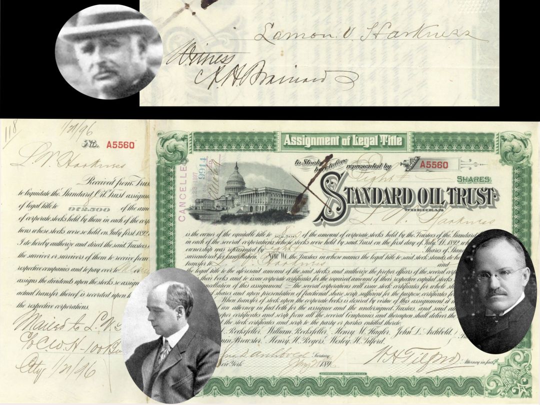 Standard Oil Trust signed by Lamon V. Harkness, Archbold, and Tilford - 1895 or 1896 dated Autograph Stock Certificate