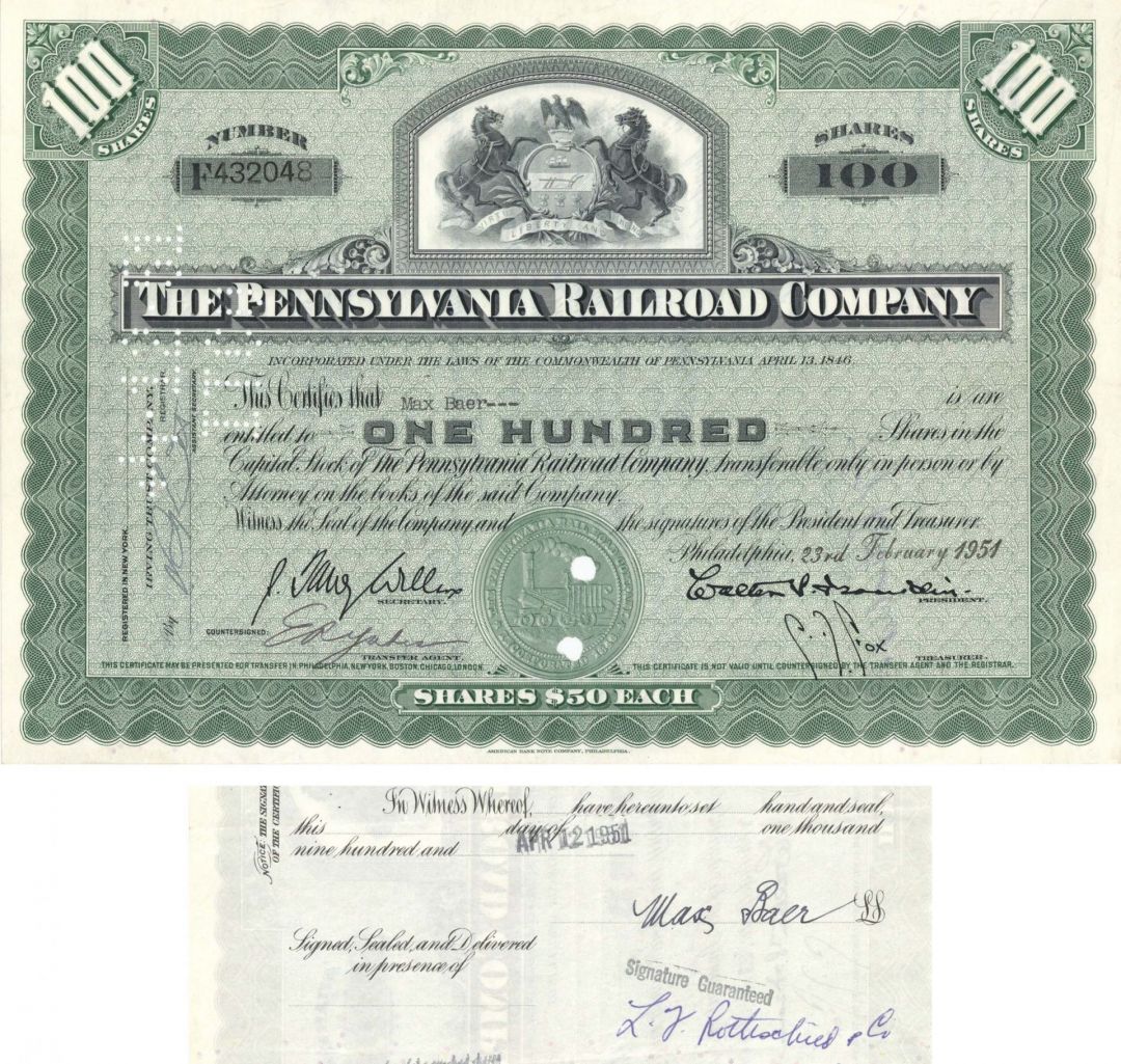 Max Baer signed Pennsylvania Railroad Co. Stock Certificate - Famous Boxer Autograph